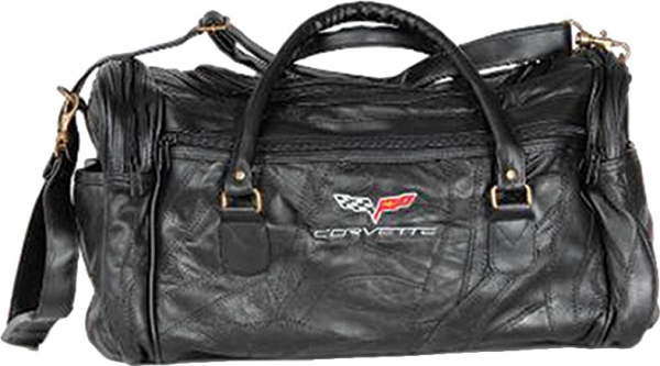 2005-2013 Corvette GENUINE BLACK LAMBSKIN DUFFLE BAG WITH C6 LOGO AND REMOVABLE LEATHER STRAP