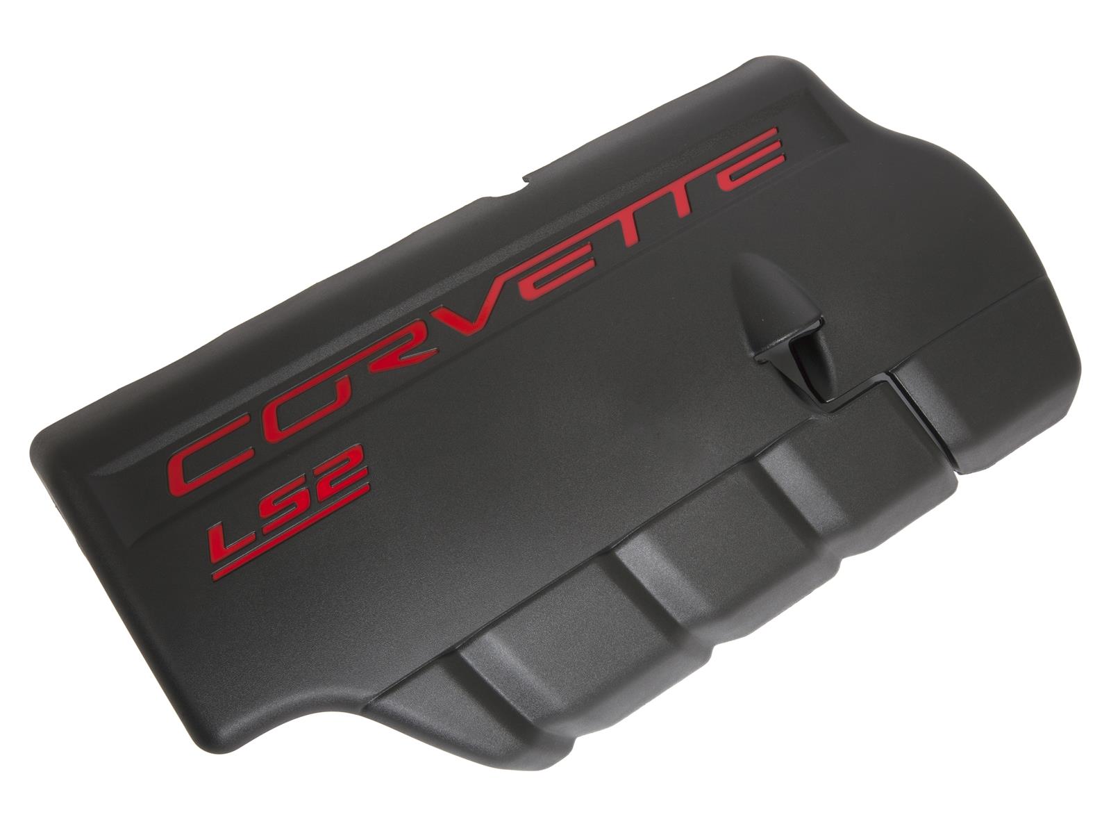 2005-2007 Corvette C6 LS2 FACTORY FUEL RAIL COVER LEFT SIDE IS BLACK WITH RED CORVETTE SCRIPT.