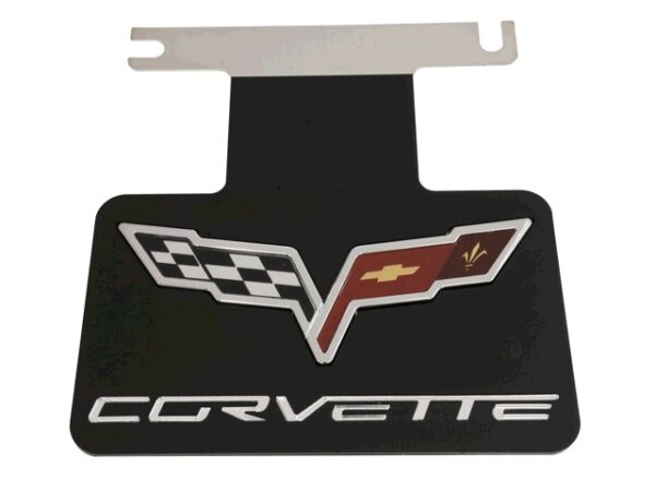 2005-2013 Corvette ENHANCE THE AREA BETWEEN YOUR MUFFLERS WITH A NEW BLACK STAINLESS STEEL PLATE WITH ACRYLIC C6 LOGO AND SCRIPT. MOUNTS TO ORIGINAL MUFFLER HAMGERS
