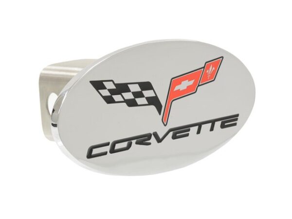2005-2013 Corvette THIS TOW HITCH COVER HAS CHROME PLATED SOLID BRASS EMBLEM METICULOUSLY ENGRAVED AND COLOR EPOXY FILLED. STAINLESS STEEL 3.5" LENGTH POST, PREDRILLED WITH BOLT HOLES WITH 2" SQUARE RECEIVER OPENING 2" FOAM GASKETS & LOCKING SCREW BOLT SET