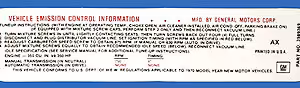 1970-1970 Corvette Emission Decal Manual Transmission 350 HP (Code AX 3989369)