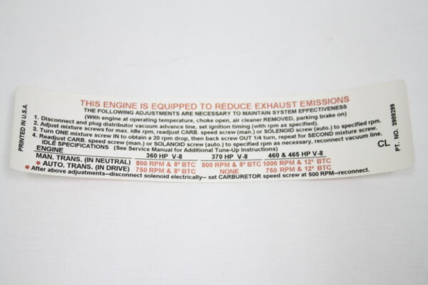 1970-1970 Corvette Emission Decal (CL)
