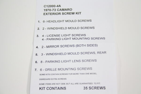 1970-1973 Corvette SCREW KIT, EXT TRIM CAMARO 70-73 (35 PCS)