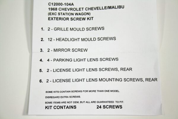 1968-1968 Corvette SCREW KIT- EXTERIOR TRIM CHEVELLE/MALIBU COUPE 1968 (24PCS)